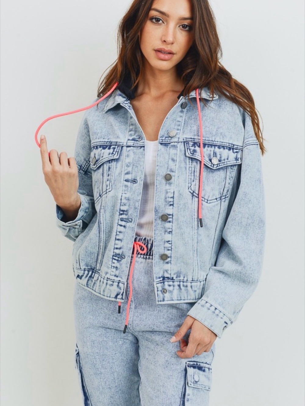 “Around the way” 2pc Light Blue Acid-Wash Denim Jacket with Pink Drawcord